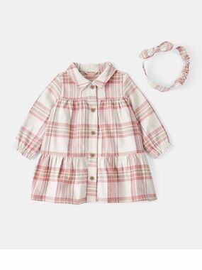 Carter's Infant Girl 2-piece Plaid Cotton Long-Sleeve Dress Pink and Cream